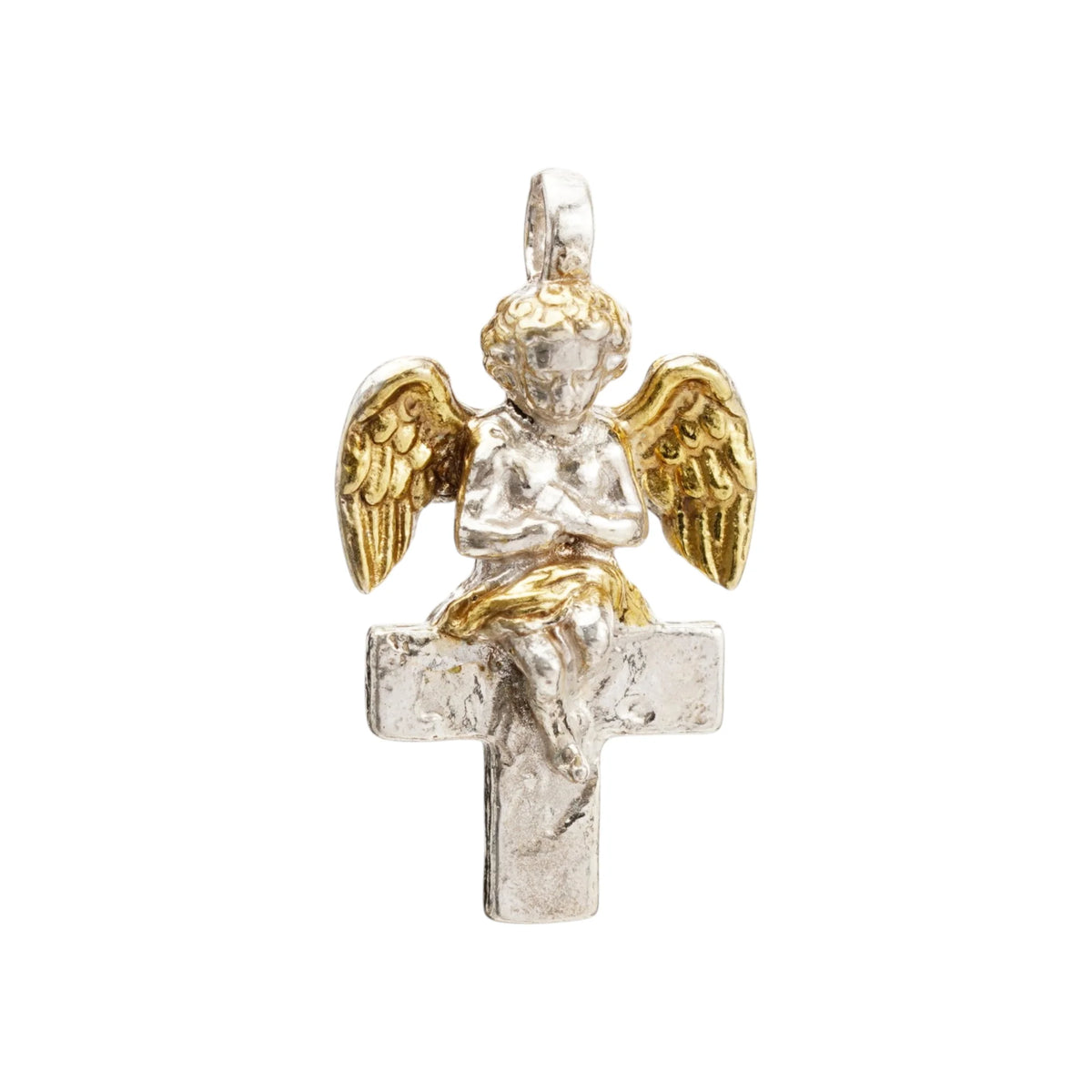 „Engel auf dem Kreuz“-Anhänger für Damen aus 925er Silber – handgefertigter Talisman für Schutz und Licht, Skulpturenschmuck im Boho- und rustikalen Stil | Art Diva