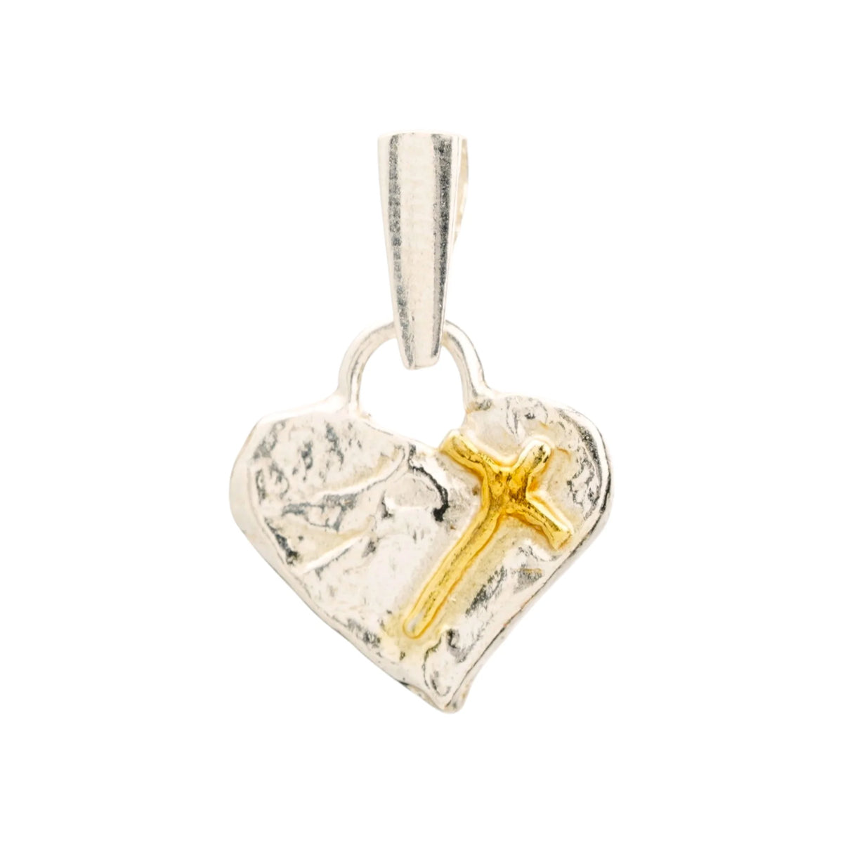 „Glaube an die Liebe“-Miniaturanhänger mit Herz und Kreuz aus 925er Silber mit vergoldeten Akzenten – handgefertigtes Symbol spiritueller Liebe, rustikaler Skulpturenschmuck aus der Kollektion „Glanz“ | Art Diva