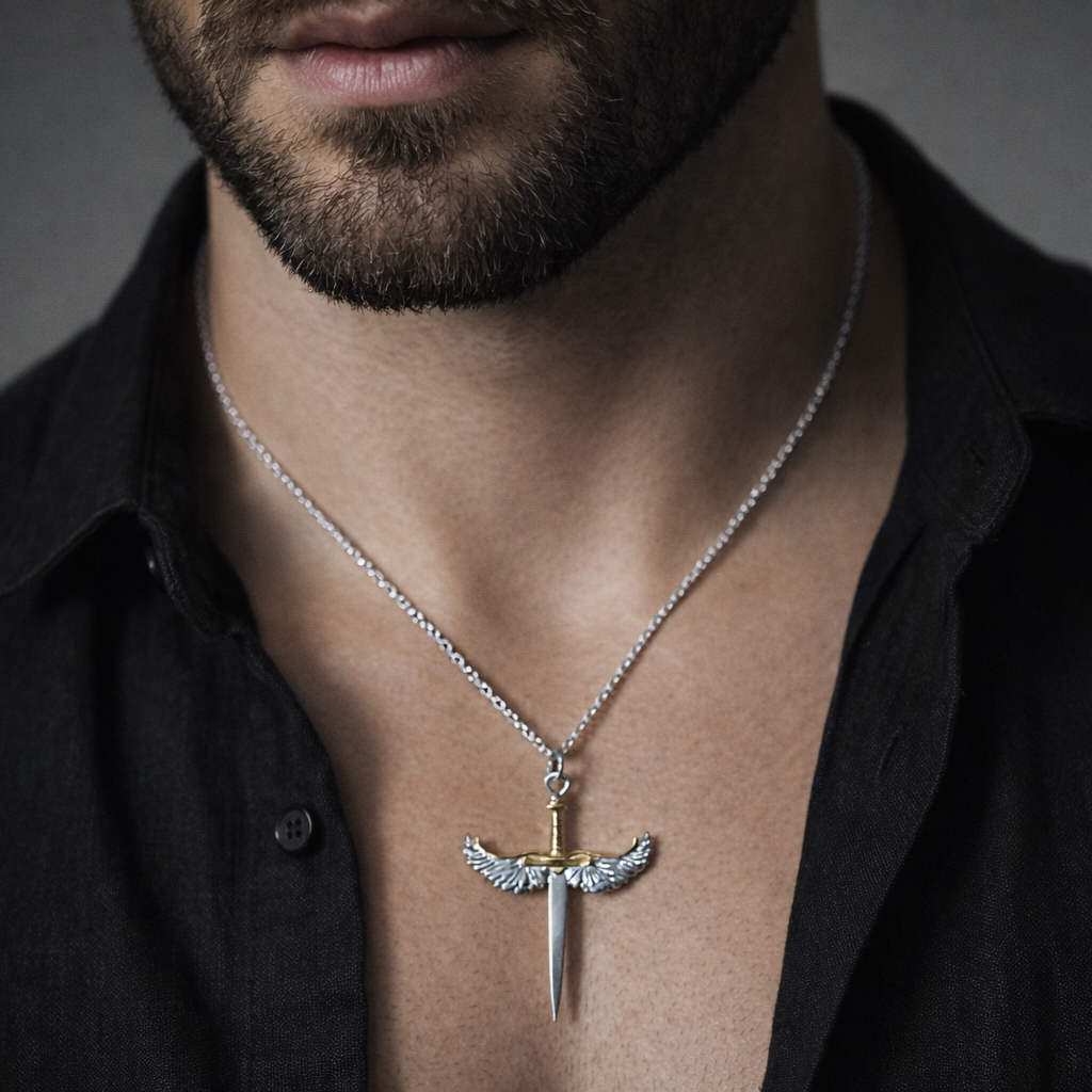 „Schwert mit Engelsflügeln“-Anhänger für Herren aus 925er Silber mit goldfarbenen Akzenten – handgefertigter Talisman für Stärke und Schutz, Skulpturenschmuck im Boho-Stil | Art Diva