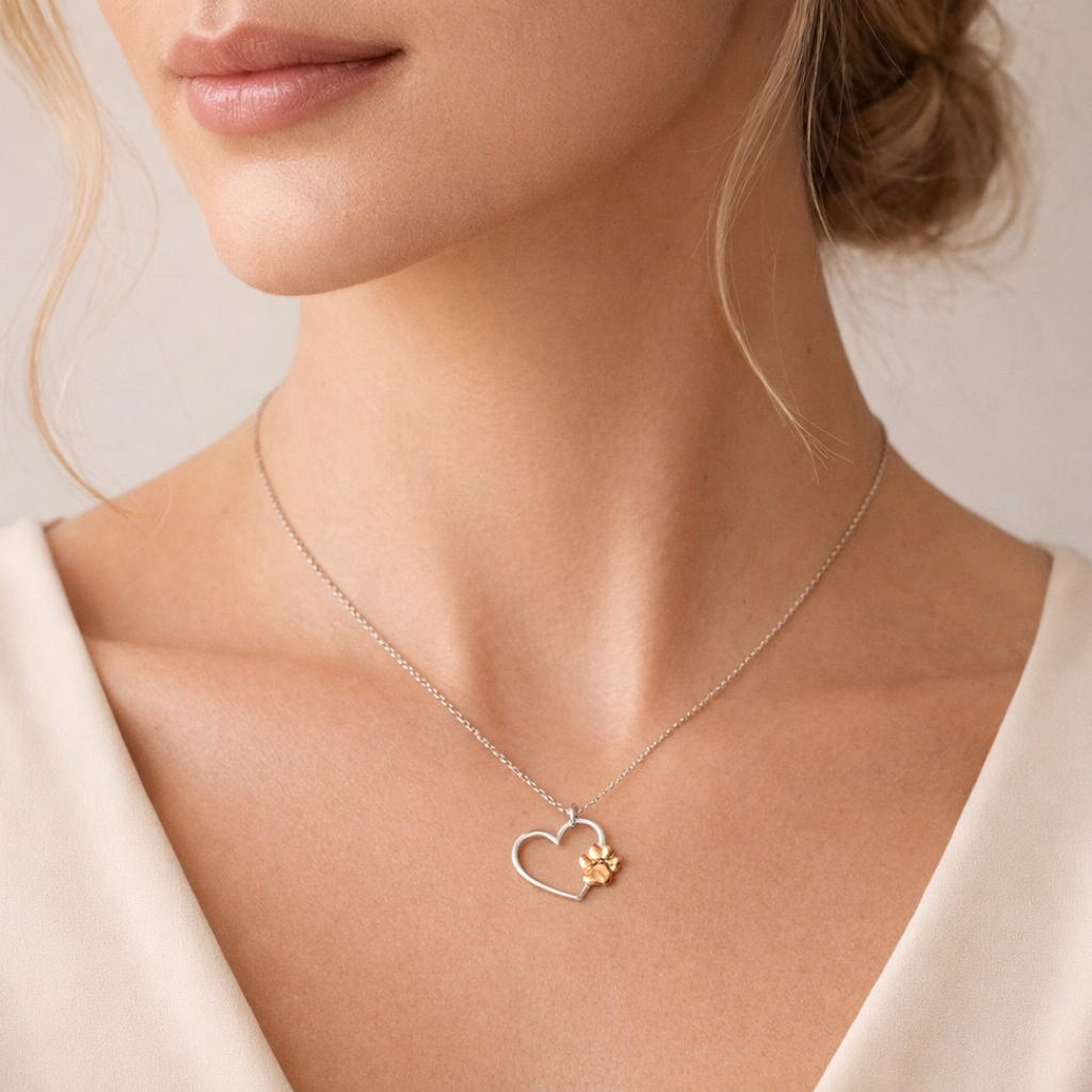„Herz und Pfote“-Anhänger aus 925er Silber mit goldfarbenen Akzenten – Talisman für die Liebe zu Tieren, Skulpturenschmuck im Boho- und rustikalen Stil | Art Diva