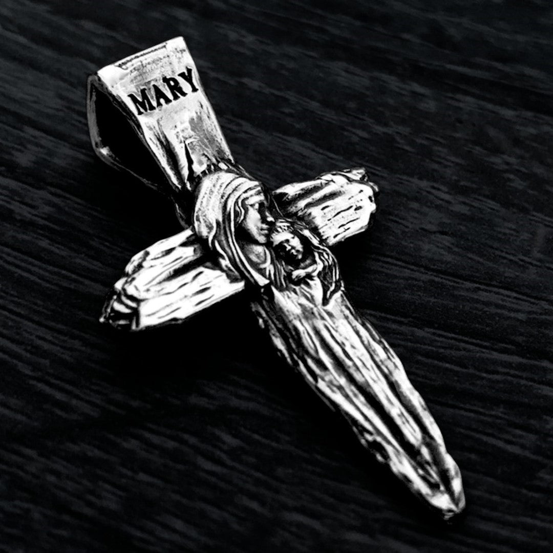 Kreuz-Anhänger mit der Jungfrau Maria und dem Jesuskind aus 925er Silber – handgefertigtes christliches Symbol für Glauben und Schutz | Art Diva