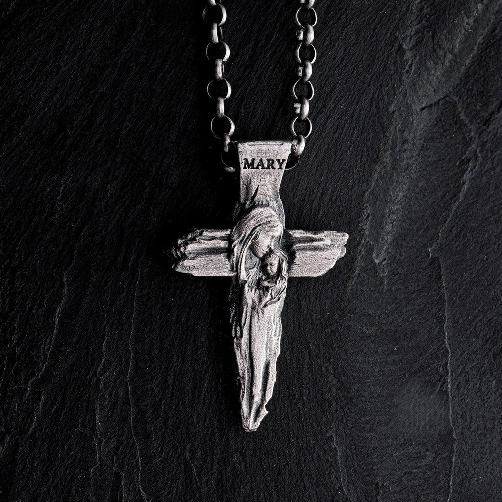 Kreuz-Anhänger mit der Jungfrau Maria und dem Jesuskind aus 925er Silber – handgefertigtes christliches Symbol für Glauben und Schutz | Art Diva