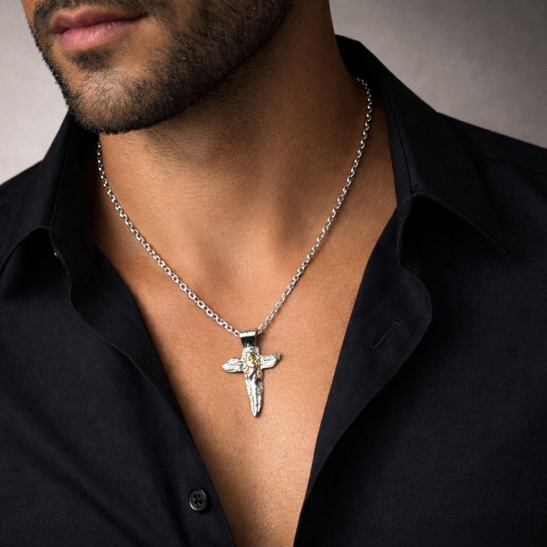 „Jesus Christus“-Anhänger aus 925er Silber mit goldfarbenen Akzenten – handgefertigtes Symbol für Glauben und Schutz, Skulpturenschmuck im Boho- und rustikalen Stil | Art Diva