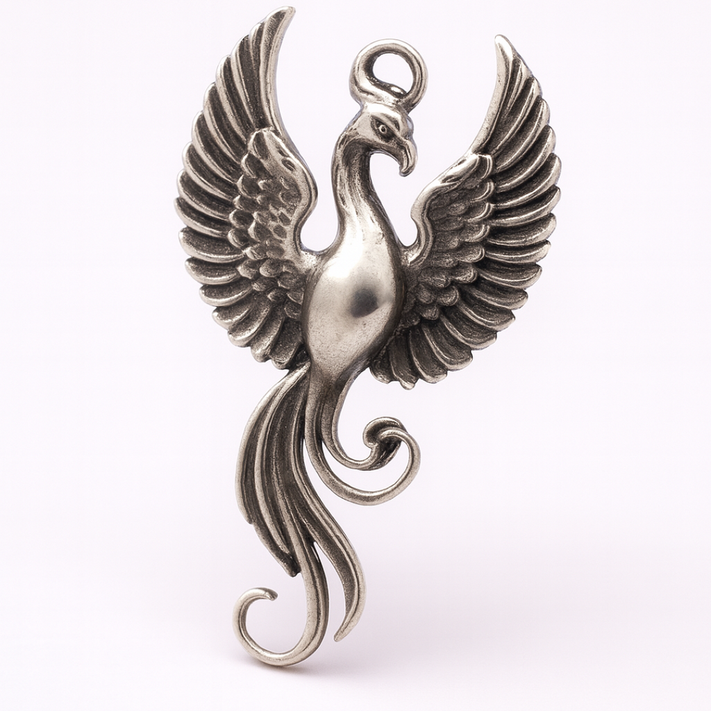 „Phönix“-Anhänger aus 925er Silber – Symbol für Wiedergeburt und Stärke, skulpturaler Schmuck im Boho-Rustik-Stil | Art Diva