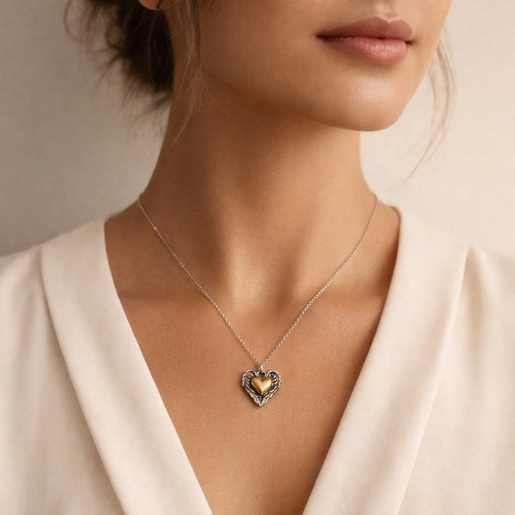 „Herz mit Engelsflügeln“-Anhänger aus 925er Silber mit goldfarbenem Akzent – handgefertigter Talisman für Schutz und Liebe im Boho-, Kunst- und rustikalen Stil | Art Diva