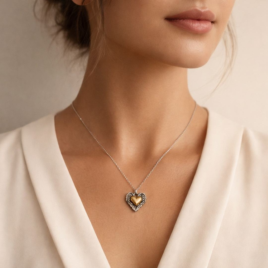 „Herz mit Engelsflügeln“-Anhänger aus 925er Silber mit goldfarbenem Akzent – handgefertigter Talisman für Schutz und Liebe im Boho-, Kunst- und rustikalen Stil | Art Diva
